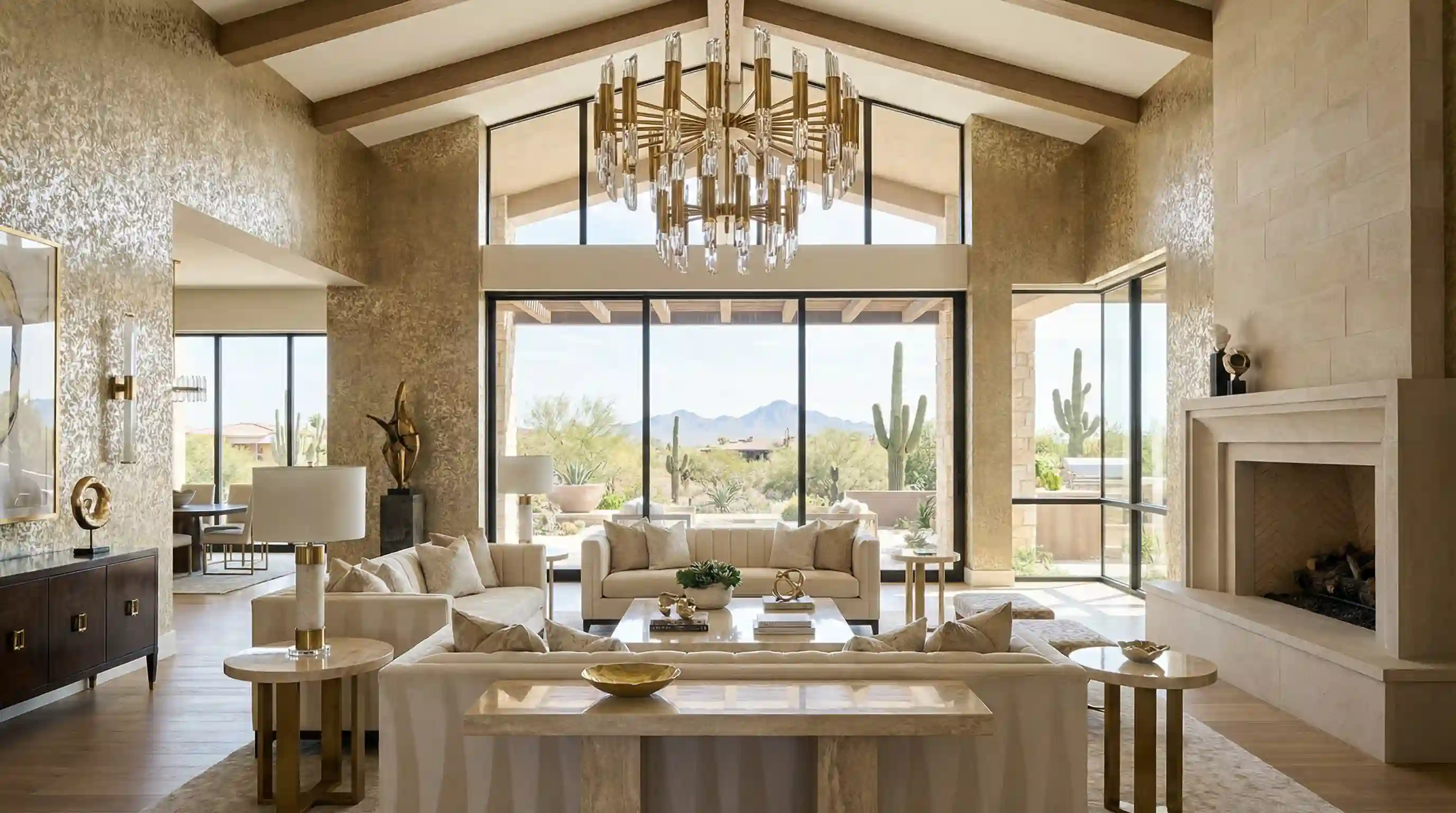 Finished wallcovering interior with a strong architectural feature wall