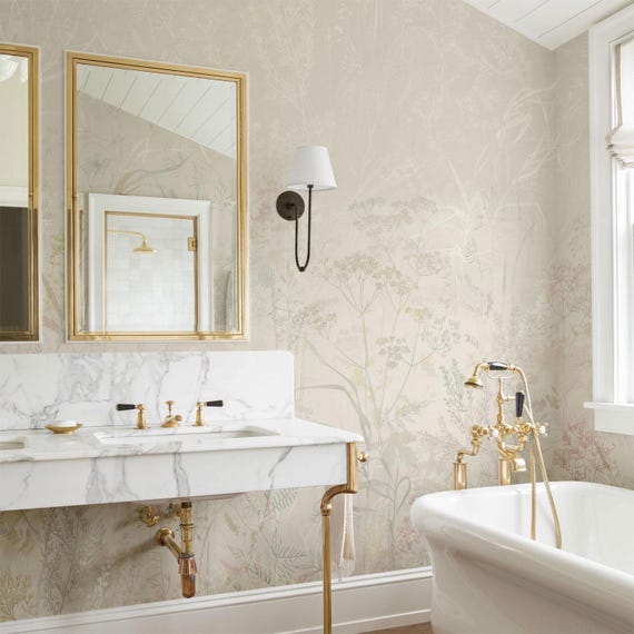 Luxury bathroom wallpaper with a soft botanical pattern
