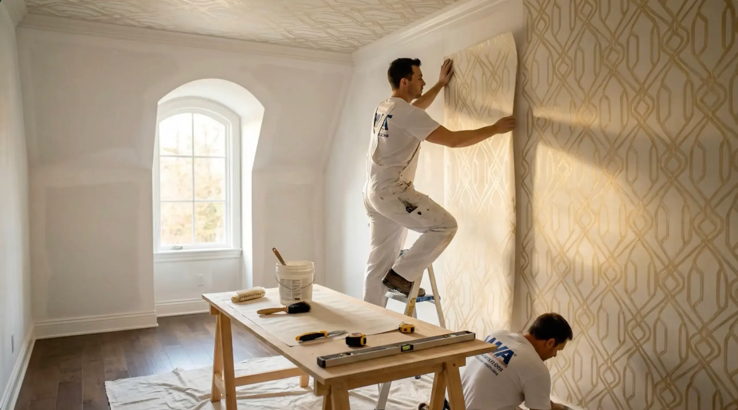 Wallpaper installer applying wallcovering to an interior wall